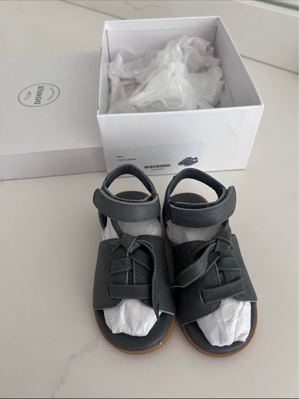 Donsje Kids Grey Leather Sandals with Ankle Strap